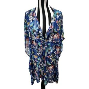 Into The Bleu Floral Kimono Cover Up Dress Sheer Boho Tie Front Swim Beach‎ L